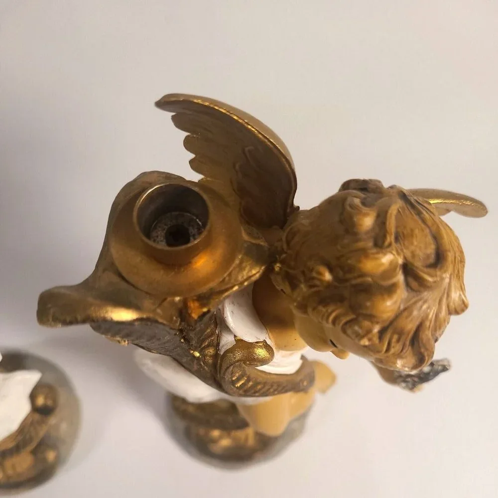 Vtg Fontanini Italy chubby Cherub Tapered Candle Holders #5042 & #5043 blue eyes